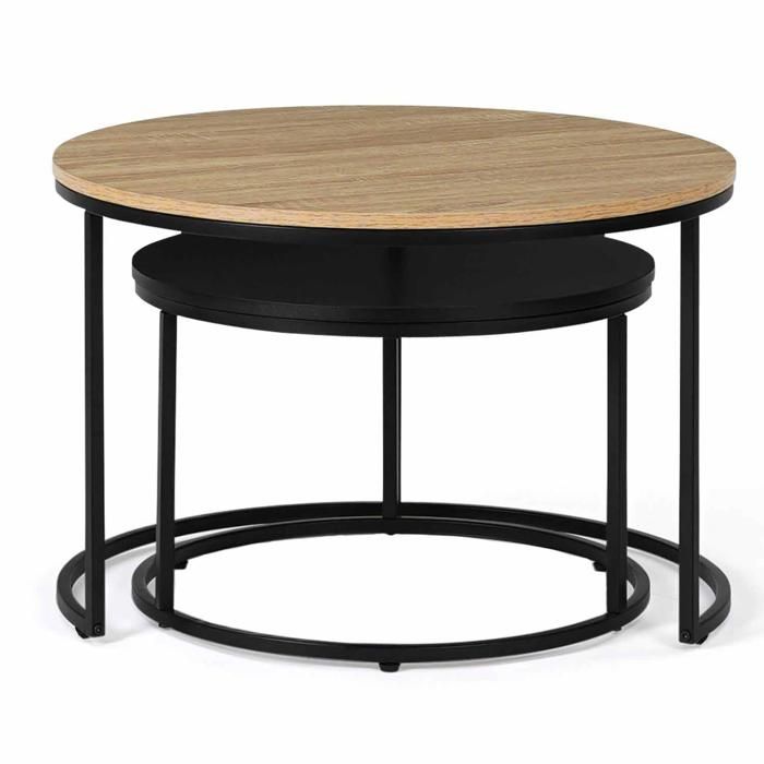 2 Tables Basses Gigognes Boston - Style Industriel - Rondes 54 & 70 Cm - Métal & Bois
