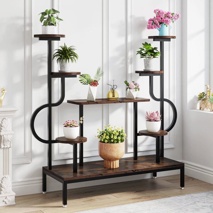 Support Pour Plantes 8 Niveaux - Étagère Métal Et Bois Pour 9 Pots - Blanc - 136cm H - Pour Intérieur/Balcon