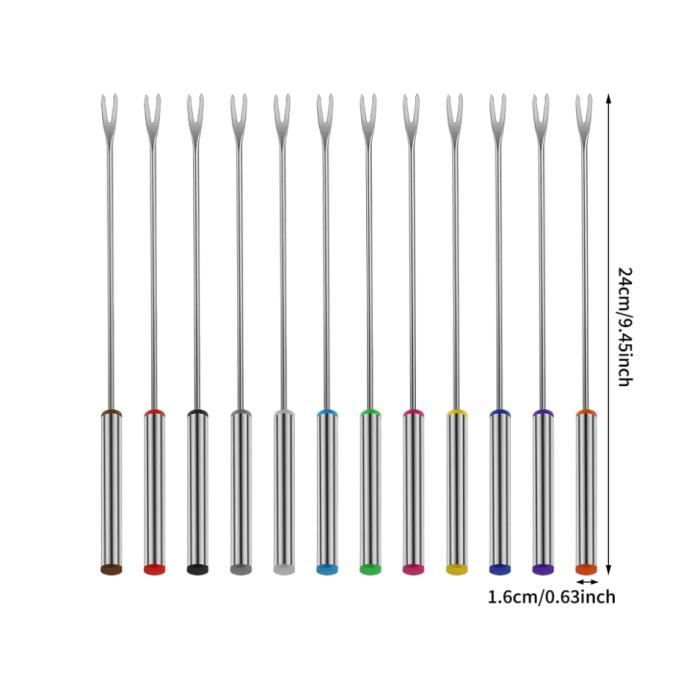 12 Fourchettes à Fondue Acier Inoxydable Poignées Bois Multicolores – Pour Chocolat, Fromage, Barbecue
