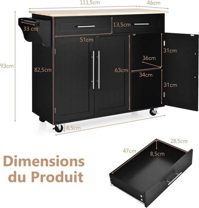 PUGSDRLY Desserte Ilôt De Cuisine Avec Roulettes,Buffet Cuisine De Rangement Avec Plateau De Table Pliable,Chariot De Repas,2 Tiroirs Et 4 Porte,étagère Réglable (Blanc-D