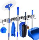 AUDEN COSMA Porte Balai Mural, Acier Inoxydable Accroche Balai Mural avec 4 Emplacements et 5 Crochets pour Cuisine, Salle de Bain, Jardin