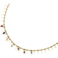 CC2785F - Collier Chaîne Ras du Cou avec Pampilles Relief Carreaux Acier Doré et Perles Multicolore