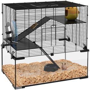 CAGE Cage hamster - PawHut - 3 niveaux - roue rampes maisonnette abreuvoir mangeoire - 60L x 40l x 57H cm - noir