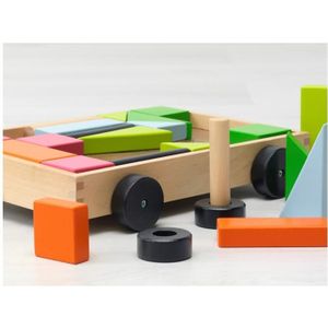 REMORQUE - CHARIOT Chariot en bois multicolore avec 24 cubes - Jouet 
