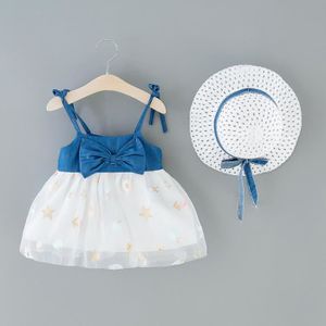 JUPE Toddler Baby Girls Bowknot Denim Splice Star Print Tulle Princess Dress + Hat blanc