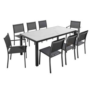 Ensemble table et chaise de jardin Table de jardin en céramique effet marbre + 8 assises - Oviala - Blanc