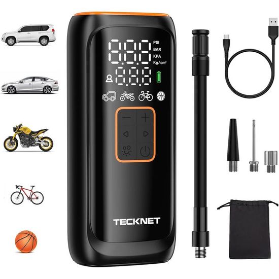 TECKNET Gonfleur Pneus Voiture Sans Fil 6000mAh - Mini Compresseur Air 150PSI Écran LCD, LED, 5 Modes Pour Voiture Vélo Moto Ballon