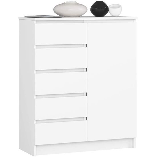 Commode AKORD K-100 Avec 5 Tiroirs Et 1 Porte - 80 X 97 X 35 Cm - Blanc - Meuble De Rangement Pour Salon Ou Chambre