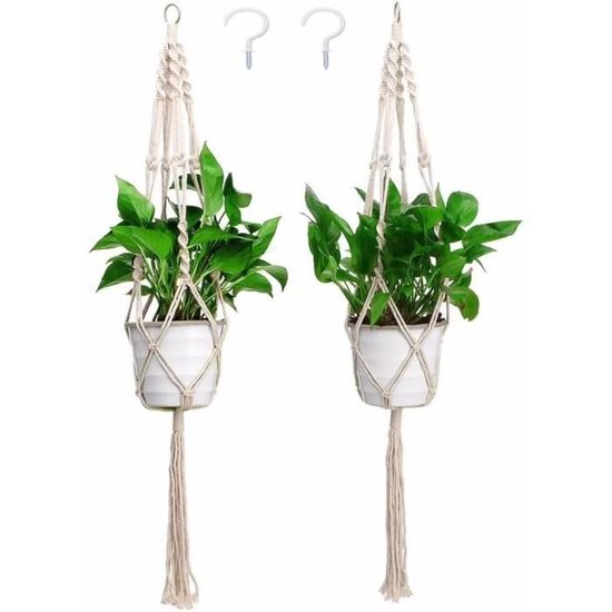 Lot De 2 Suspensions Macramé Grandes Pour Plantes - Corde 104 Cm Intérieur Extérieur Vert