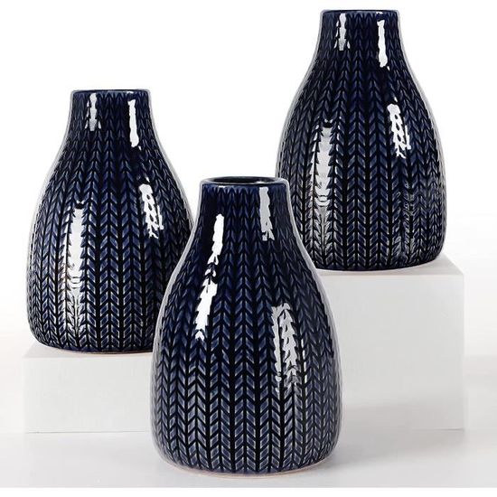 Ensemble De 3 Vases Bleu Mat Décor Côtier - Hauteur 11 Pouces, Porcelaine, Pour Décoration Intérieure