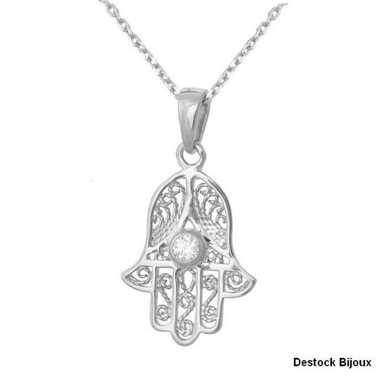 Collier Main De Fatma En Argent 925 - Pendentif Mauvais Œil Avec Zircon - Longueur 41-45 Cm - Neuf