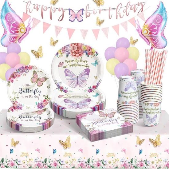 Kit Décoration Anniversaire Papillon Fille – Vaisselle, Ballons, Bannière & Guirlande – Thème Papillon Violet & Rose Pour 16 Personnes