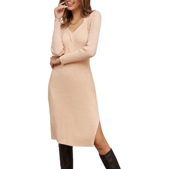 Femme Robe Crayon au Genou en Tricot Manche Longue Col en V Chic et