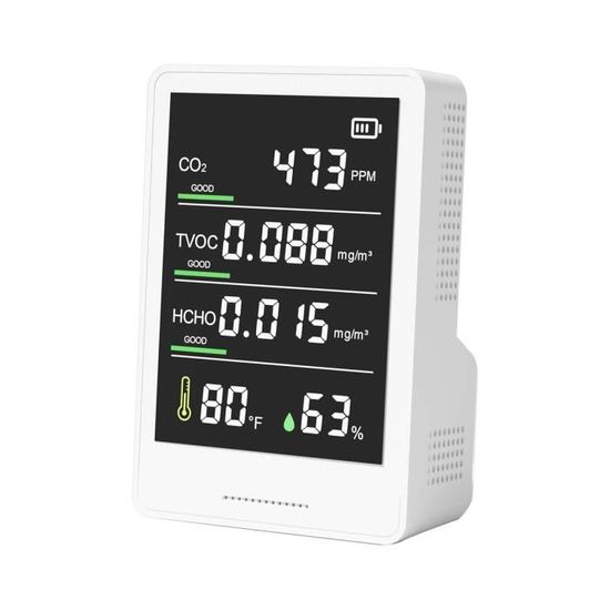 Moniteur Qualité Air 5 En 1 CO2 HCHO TVOC Température Humidité - Portable Blanc 1200mAh