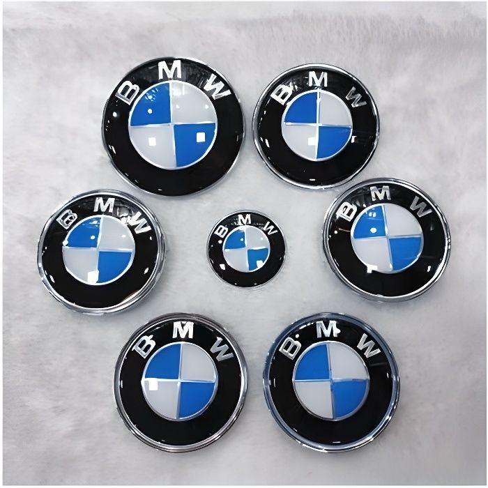7 pièces BMW avec emblème de capot avant, 82mm, Badge arrière 74mm + capuchon de moyeu de roue 68mm + autocollant de volant, 45mm