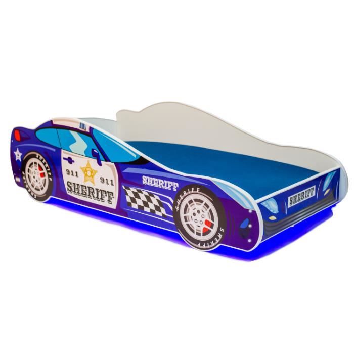 Lit enfant voiture LED-Policier-140x70cm+ sommier + matelas