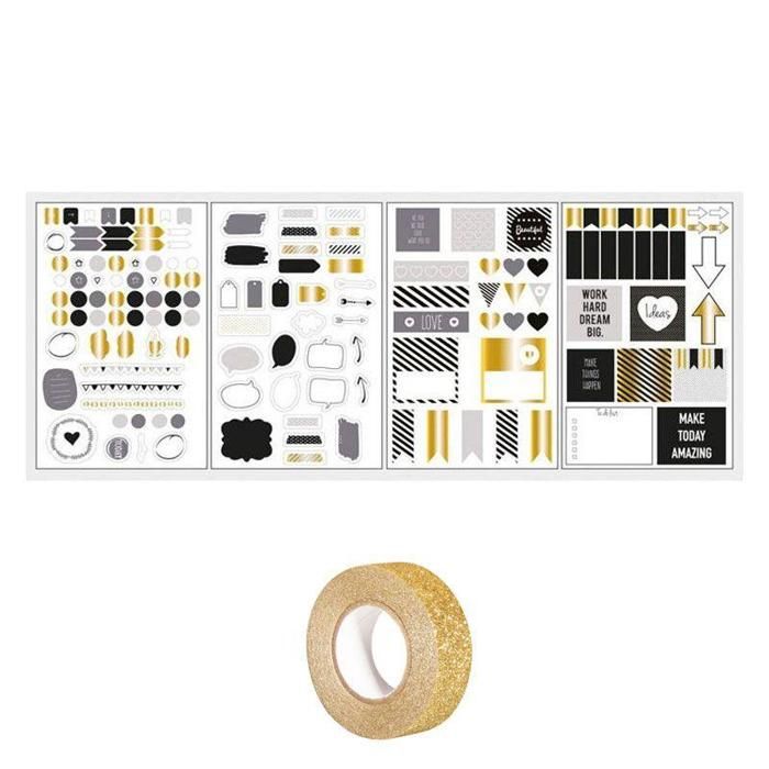 147 stickers bulles & flèches Bullet journal noir-gris-doré + masking tape doré à paillettes 5 m