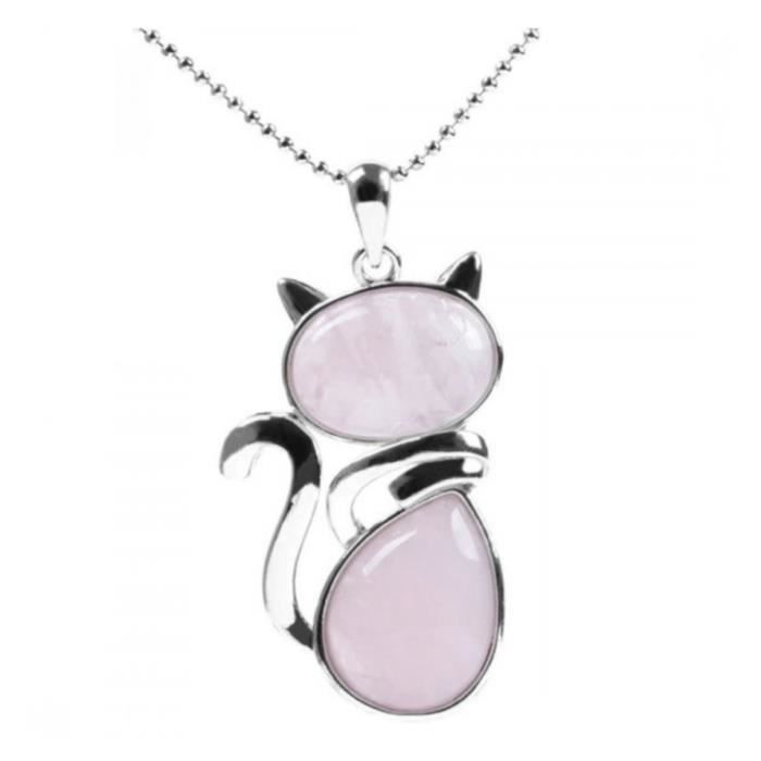 Collier argenté avec pendentif Chat en Quartz Rose véritable Argenté