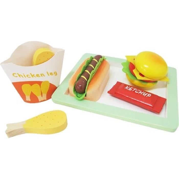 jouet en dois dinette - plateau -hot dog sauce hamburger -poulet