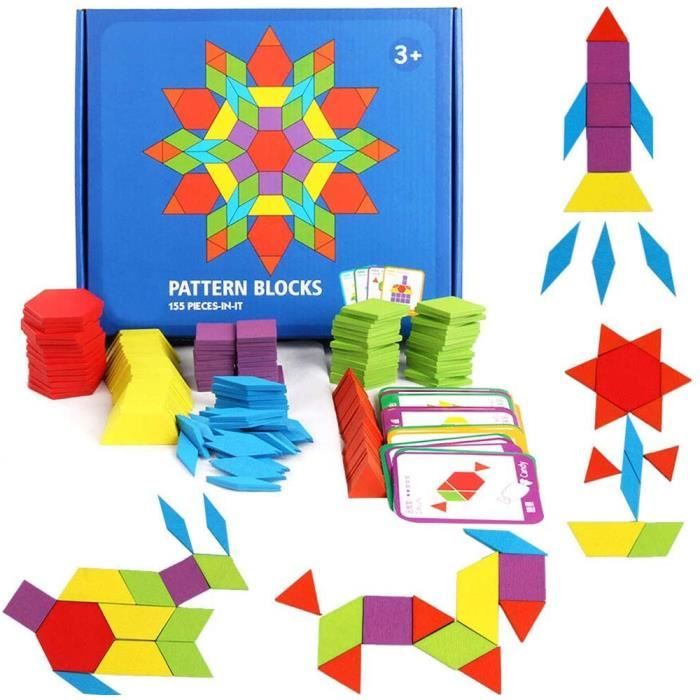 Puzzle en Bois-Tangram-Jouets Montessori-Jouets éducatifs classiques-155 Formes géométriques et 24 Cartes de Conception pour Enfant