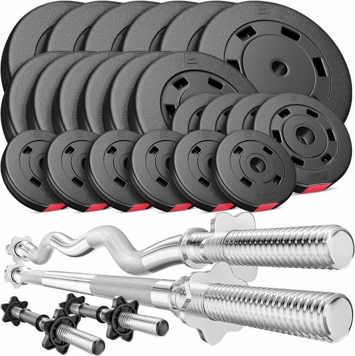 Hop-Sport Ensemble d'haltères 125 kg - Barre Longue, EZ Curl et Barres Courtes, Poids 6x10kg, 6x5kg, 4x2,5kg, 6x1,25kg