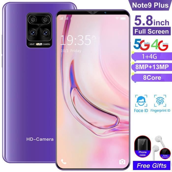 NOTE9 Smartphone Android 5.8- grand écran 1G + 4G - double SIM carte - Face ID + Empreintes Digitales - violet