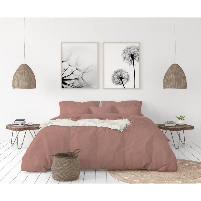 LOVELY HOME Parure de couette en 100% lin 220x300 cm + 1 drap housse 140 x 190 cm + 2 taies 65x65cm - Coloris Rose poudré