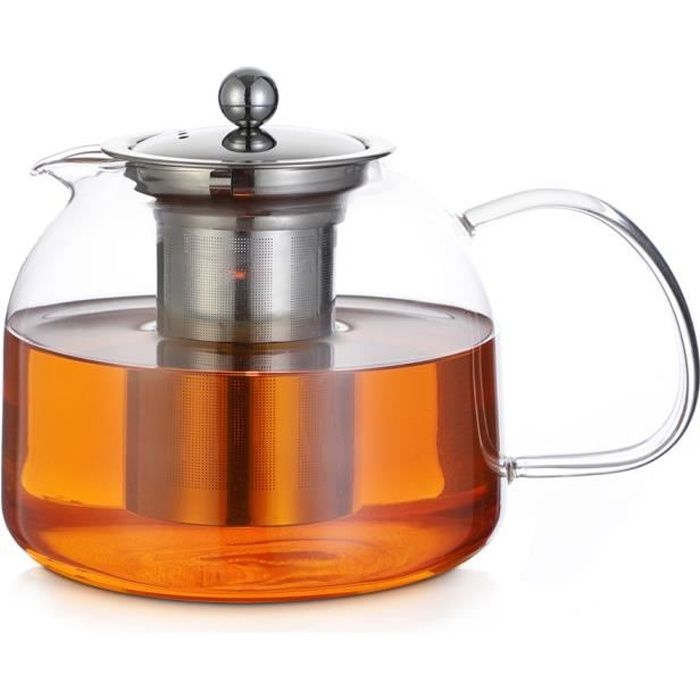 Théière en verre borosilicate 1,5 L avec filtre en acier inoxydable pour tout type de thé Boissons chaudes froides