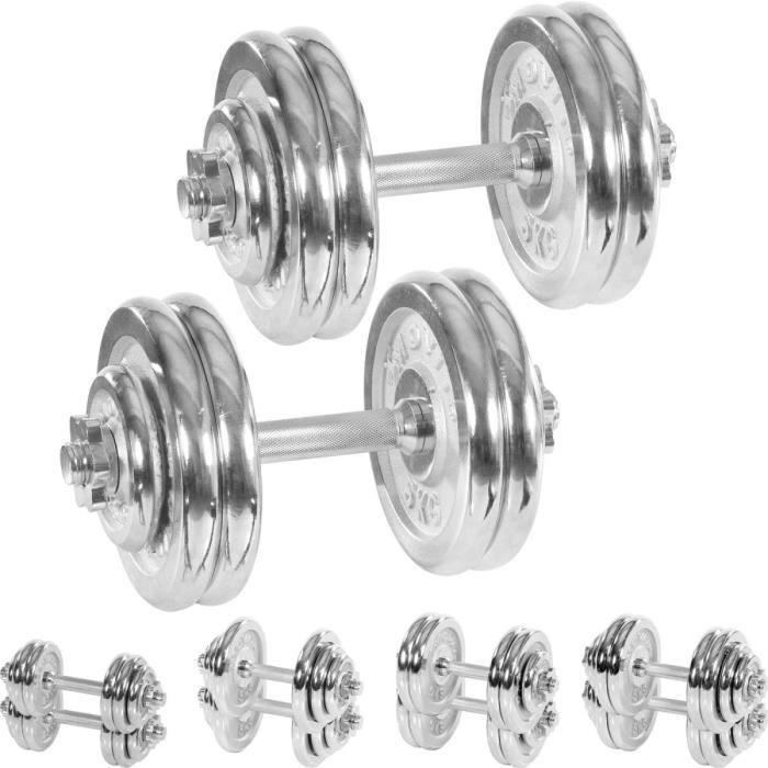 MOVIT Set d'haltères complet chromé 50 kg: 2x haltère avec vis de serrage tête étoile et 12 disques d'haltère (8 x 5,0 kg + 4 x 1,25