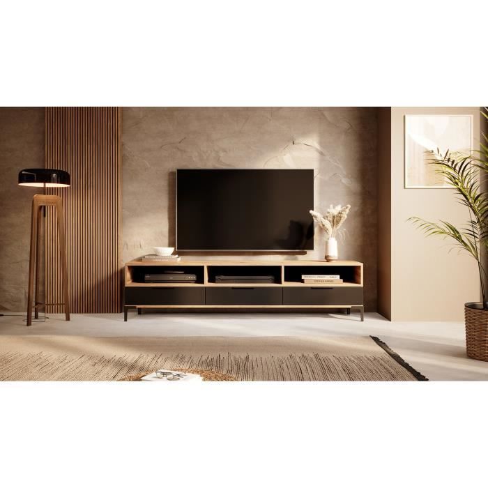 Meuble tv - RIKKE - 160 cm - chêne wotan / noir brillant