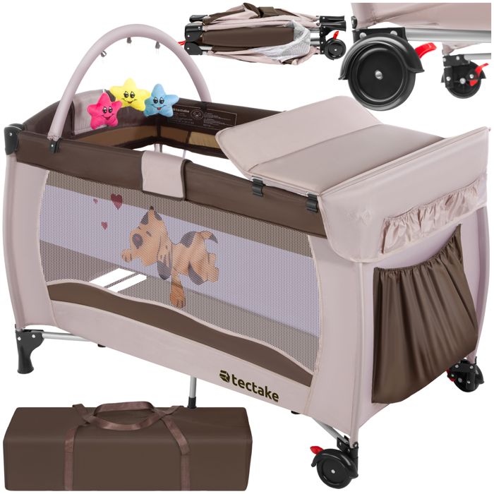 TECTAKE Lit Parapluie pliant Réglable en hauteur + accessoires en Polyester Marron Chocolat