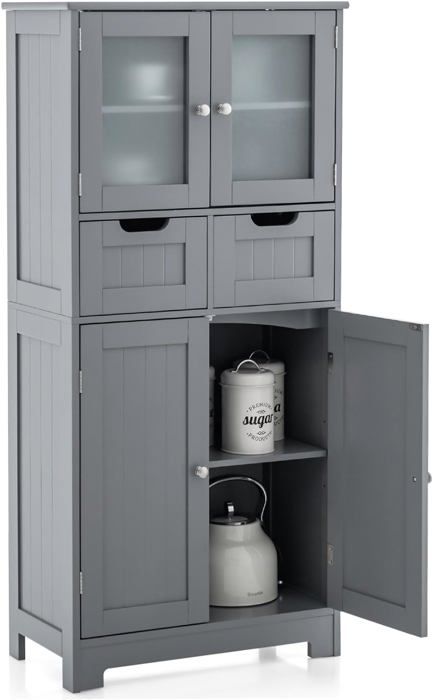 GOPLUS Armoire de Salle de Bain avec 2 Tiroirs 1 Cabinet Clôturé avec Étagère Ajustable Compartiment à Porte en Verre Trempé
