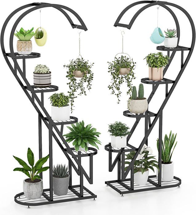 RELAX4LIFE Porte-Plante en Forme de Cœur 5 Niveaux Étagère à Fleurs avec Crochet de Suspension Intérieur/Extérieur Noir