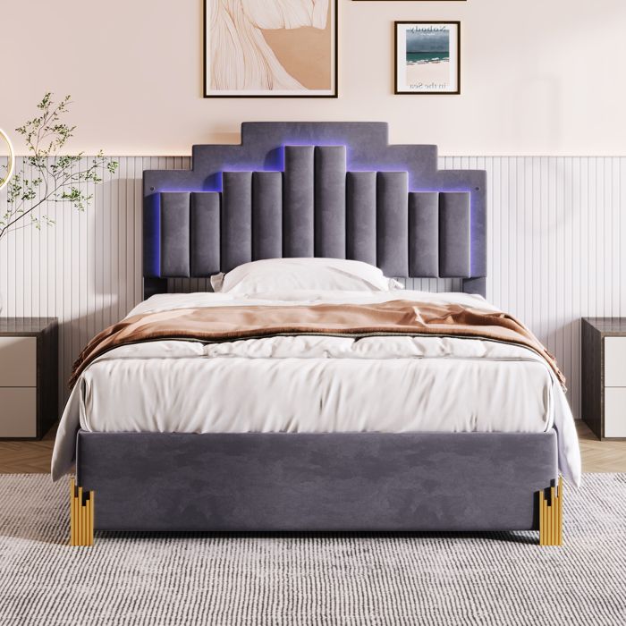 Lit 90x200 Cm Avec Tête Réglable Et Rangement Hydraulique – Éclairage LED, Velours, Matelas Non Inclus