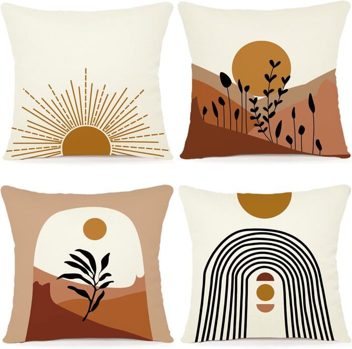 Lot De 2 Housses De Coussin Boho 30x50 Cm - Toile Rayée Et Unie, Fermeture éclair Invisible, Déco Salon/chambre