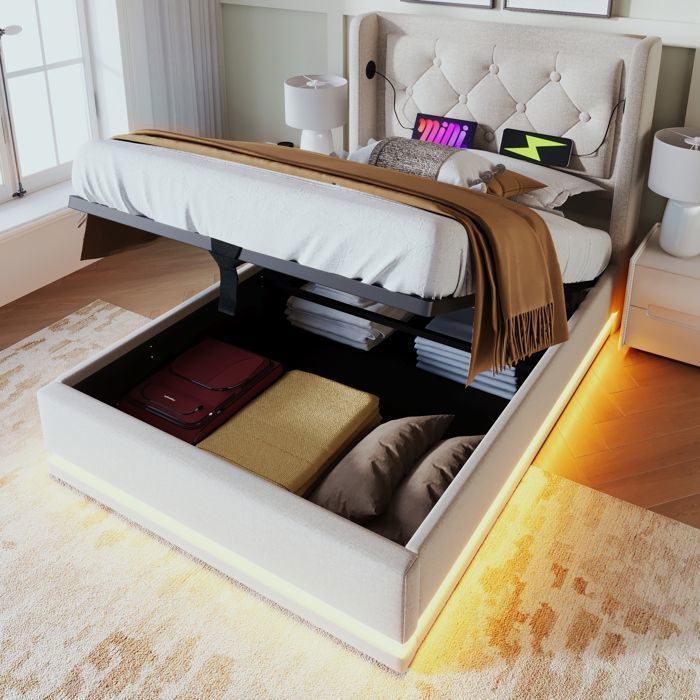 Lit coffre 90x190 cm, lit simple avec LED intégrée et port de charge USB, sommier à lattes, espace de rangement, velours, design, Beige