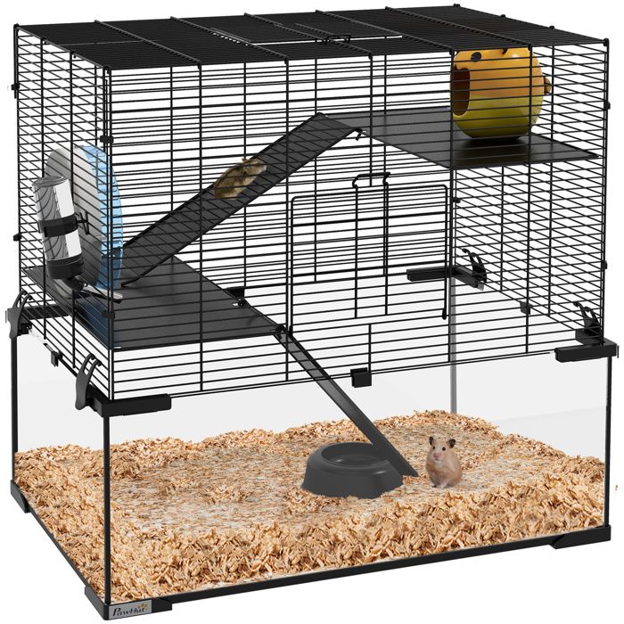 Meilleurs prix pour Cage rongeur hamster, 3 niveaux avec roue, rampes, maisonnette, abreuvoir, mangeoire, 60L x 40l x 57H cm, noir