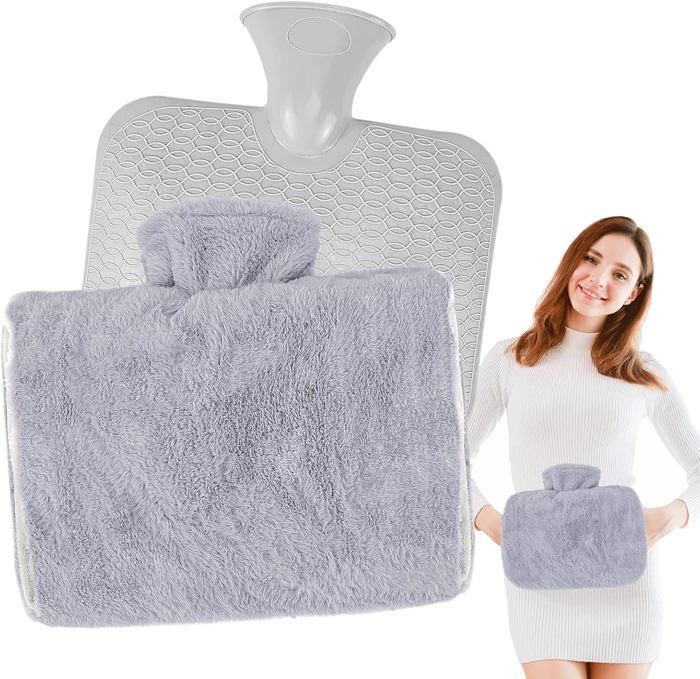 Bouillotte Eau Chaude XOXVURI 1000ml - Housse Douce - Soulage Douleurs Et Garde Au Chaud - Gris