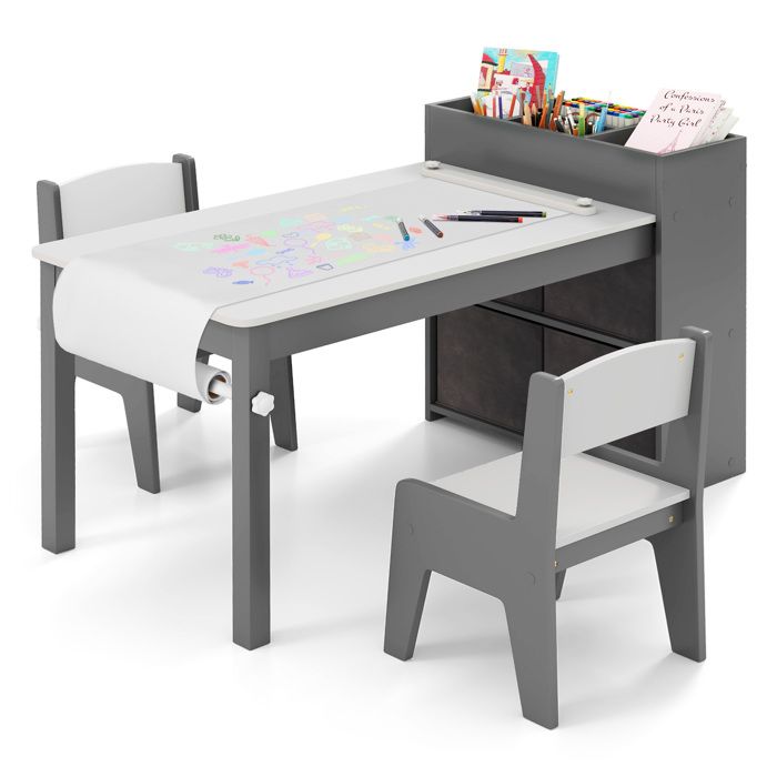 Table et 2 Chaises Enfant - COSTWAY - Support et Rouleau de Papier - Étagères Ouvertes - 4 Bacs en Tissu Rangements - Gris