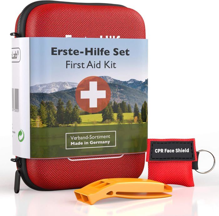 Kit Premiers Secours GoLab DIN 13167 - Randonnée, Vélo, Extérieur - étanche Avec Sifflet Et Masque