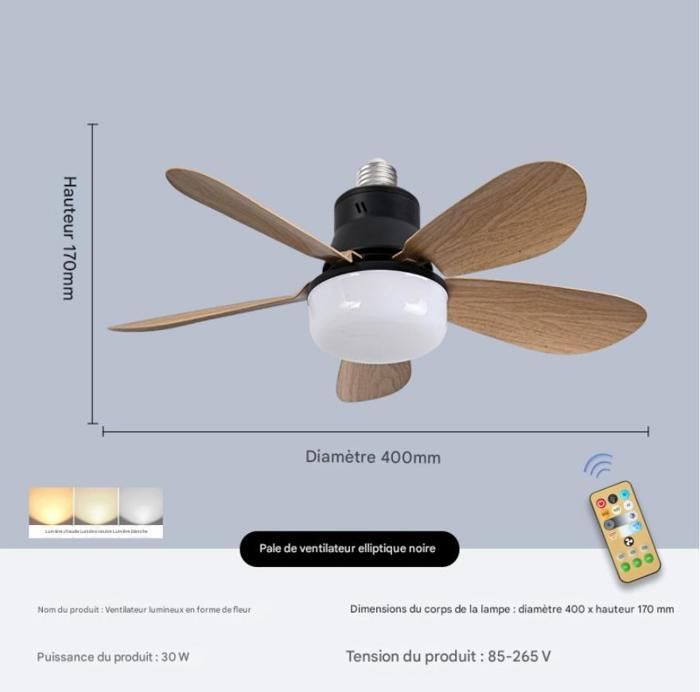 Ventilateur de plafond à pales ovales en bois avec douille à vis E27 silencieux 30 W - Noir