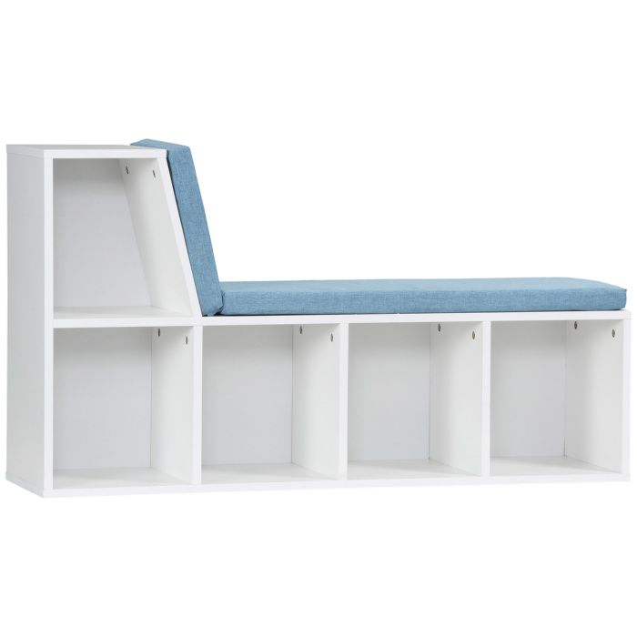 Bibliothèque banc 2 en 1 - HOMCOM - 5 compartiments rangement 2 coussins étagère livres - bois - 108x30x60cm - blanc bleu