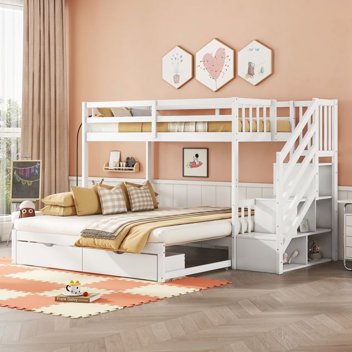 Lit Superposé 90x200 cm avec Lit Gigogne Lit 2 Personnes Enfant avec Sommier a Lattes Marches Escamotables 2 Tiroirs Pin Blanc