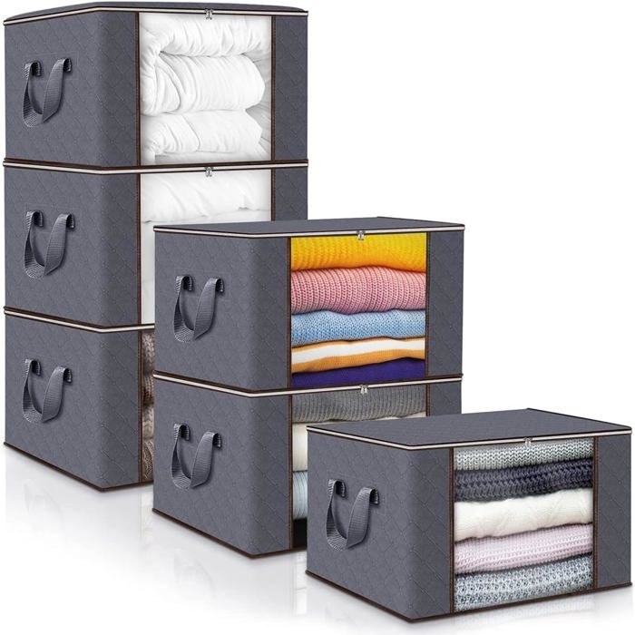 Lot de 6 Sac Rangement Vetement 90L Caisse rangement Pliable pour Organiser Les Chambres Armoires avec Couvercle et Poignée Gris