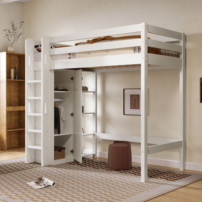 Lit superposé pour enfant 90 x 200 cm avec armoire et 6 étagères lit simple avec échelle et espace de rangement blanc