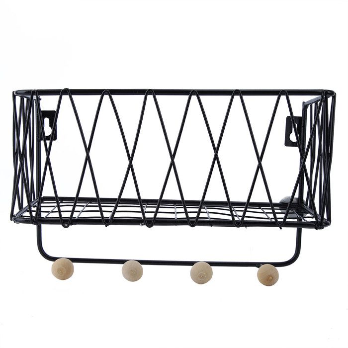 Étagère de rangement murale en fer avec crochets pour la maison le salon la chambre à coucher (noir)