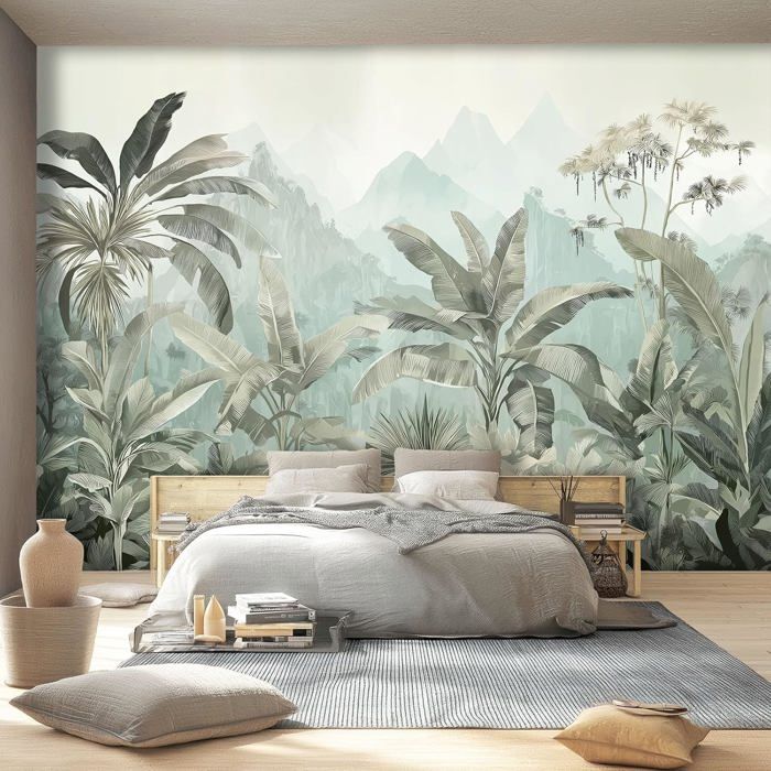 Lieson Tapisserie Murale Jungle 350x256 Cm - Vert/Marron, Décoration Grand Format Pour Salon Ou Chambre