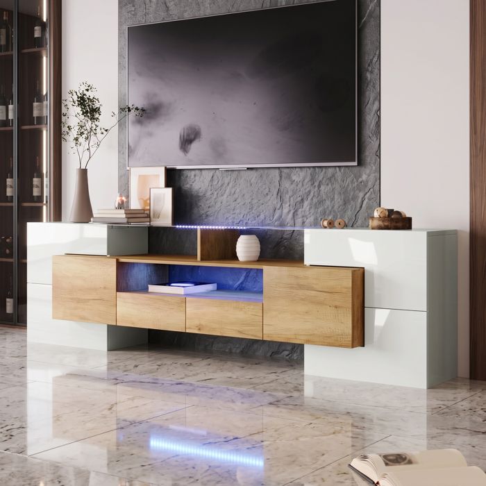Meuble TV élégant Meuble TV bas blanc brillant avec tiroirs éclairage LED surface en verre design moderne 200 cm de long