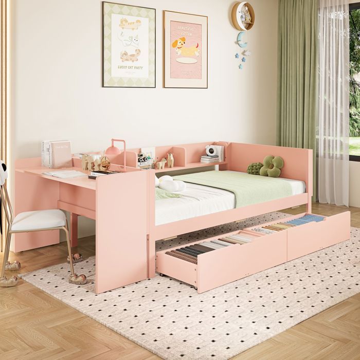 Lit combiné enfant - SOGEU - 90x200 - Blanc/Rose - Bureau intégré - Tiroirs de rangement