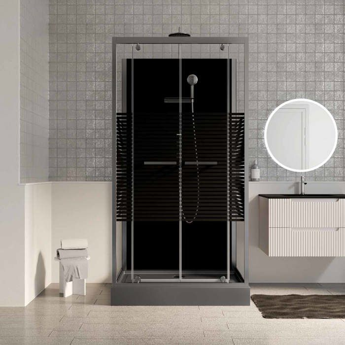 Cabine de douche rectangle 110x80x215cm - Portes pivotantes - Lignes grises anthracites - SCRATCHY 2 Cabine de douche rectangle 110x80x215cm - Portes pivotantes - Lignes grises anthracites - SCRATCHY 2